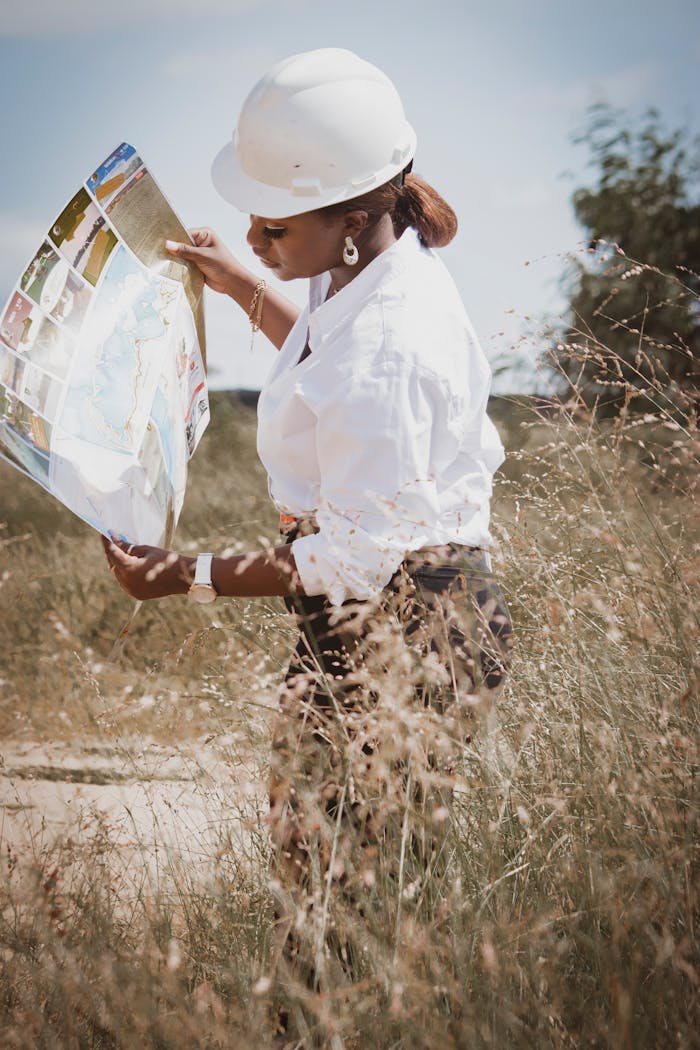 portfolio-04 An African female engineer wearing a hard hat studies site plans in a rural setting, illustrating fieldwork.
